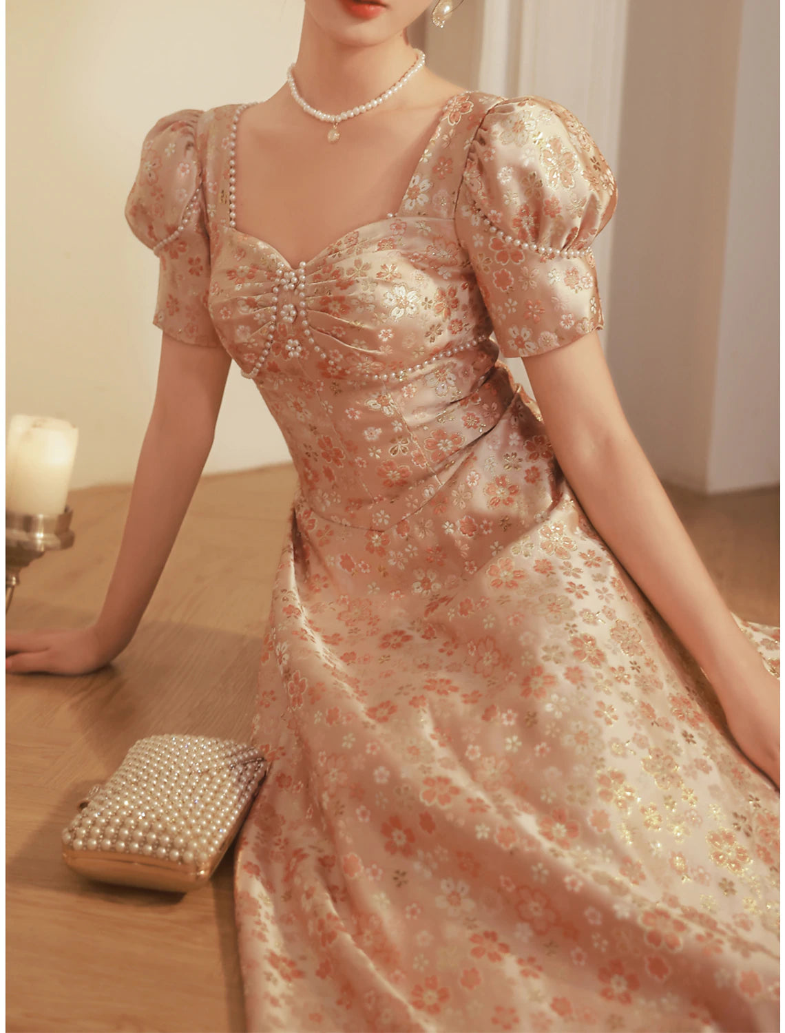 A-Line Prom Dresses Sparkle & Shine Dress Engagement Prom Floor Length Short Sleeve Scoop Neck Satin with Ruched Pearls 2025